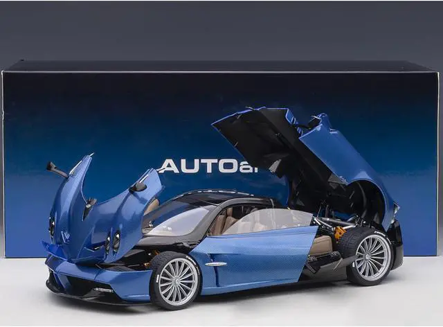 Alt view image 6 of 10 - Pagani Huayra Roadster Blue Tricolore Carbon Fiber with Black Top with Luggage Set 1/18 Model Car by Autoart
