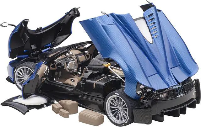 Alt view image 2 of 10 - Pagani Huayra Roadster Blue Tricolore Carbon Fiber with Black Top with Luggage Set 1/18 Model Car by Autoart