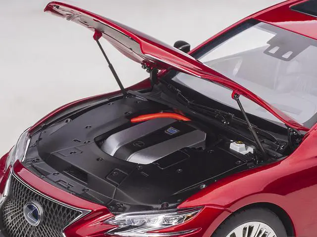 Alt view image 3 of 14 - Lexus LS500h Morello Red Metallic with Chrome Wheels 1/18 Model Car by Autoart