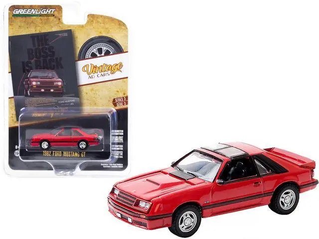Main image of 1982 Ford Mustang GT Red with Black Stripes "The Boss is Back" "Vintage Ad Cars" Series 3 1/64 Diecast Model Car by Greenlight