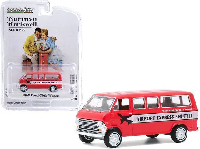Main image of 1968 Ford Club Wagon "Airport Express Shuttle" Red with White Stripe "Norman Rockwell" 1/64 Diecast Model Car by Greenlight