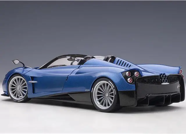 Alt view image 5 of 10 - Pagani Huayra Roadster Blue Tricolore Carbon Fiber with Black Top with Luggage Set 1/18 Model Car by Autoart