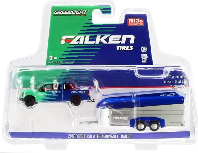 Main image of 2017 Ford F-150 Pickup Truck & Aerovault Trailer "Falken Tires" Ltd Ed to 2,760 pcs 1/64 Diecast Model Car by Greenlight