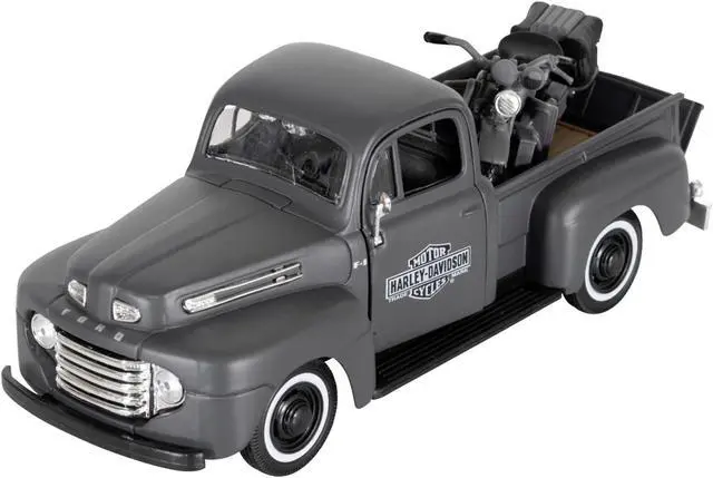 Alt view image 2 of 3 - 1948 Ford F-1 Pickup Truck and 1942 Harley-Davidson WLA Flathead Motorcycle Matt Dark Gray 1/24 Diecast Models by Maisto
