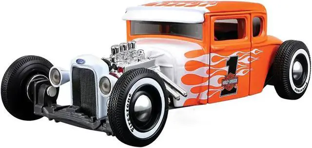 Alt view image 3 of 4 - 1929 Ford Model A #1 "Harley Davidson" Orange with White Flames 1/24 Diecast Model Car by Maisto
