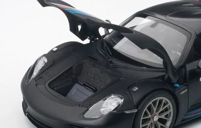 Alt view image 4 of 4 - Porsche 918 Spyder Weissach Package Black/ Martini Livery #15 1/18 Model Car by Autoart