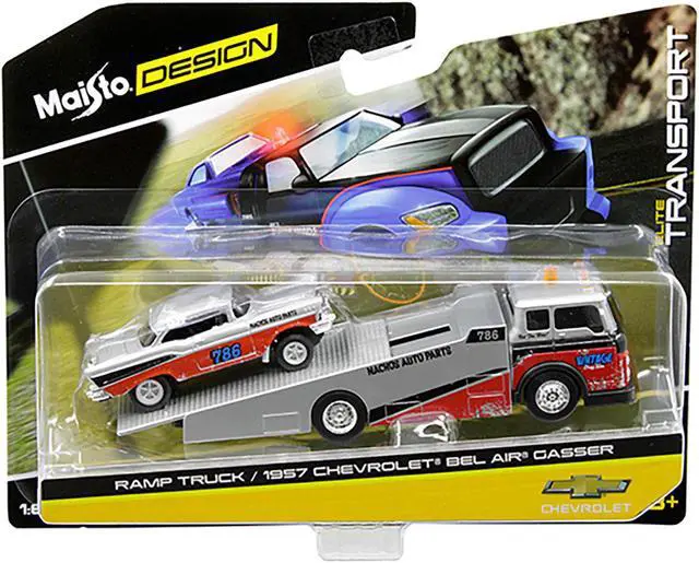 Main image of 1957 Chevrolet Bel Air Gasser #786 Silver and Red with Ramp Tow Truck "Elite Transport" 1/64 Diecast Models by Maisto