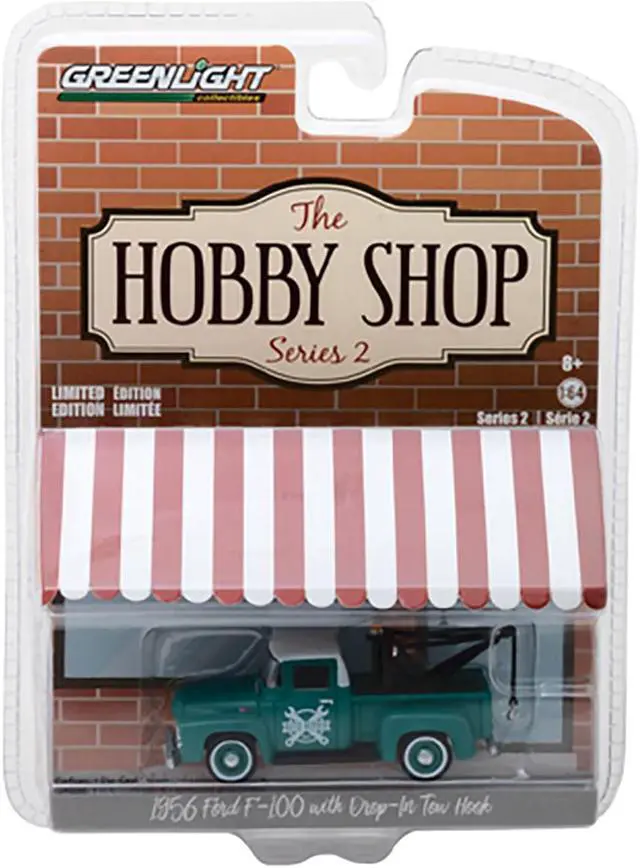 Alt view image 3 of 3 - 1956 Ford F-100 Green with Drop-in Tow Hook "The Hobby Shop" Series 2 1/64 Diecast Model Car by Greenlight