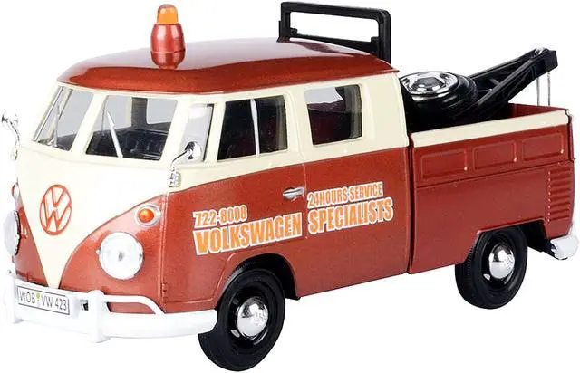 Alt view image 2 of 4 - Volkswagen Type 2 (T1) Tow Truck "Volkswagen Specialists" Brown Metallic and Cream 1/24 Diecast Model Car by Motormax
