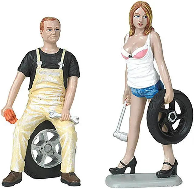 Alt view image 6 of 8 - Meg and Derek Tire Brigade 2 piece Figurine Set 1/18 by Motorhead Miniatures