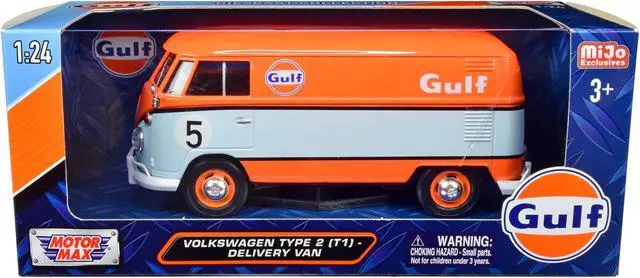 Main image of Volkswagen Type 2 (T1) Delivery Van #5 "Gulf" Orange and Light Blue 1/24 Diecast Model Car by Motormax