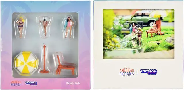 Alt view image 5 of 7 - "Beach Girls" 5 piece Diecast Figure Set (3 Female Figures and 2 Beach Accessories) for 1/64 Scale Models by Tarmac Works & American Diorama