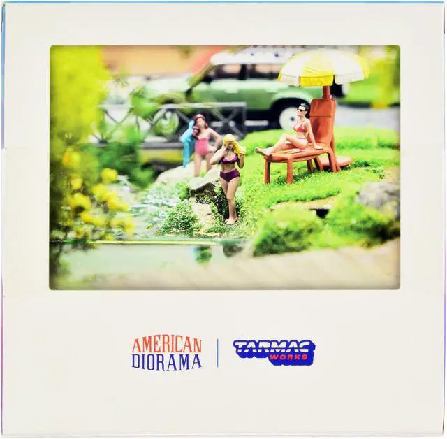 Alt view image 4 of 7 - "Beach Girls" 5 piece Diecast Figure Set (3 Female Figures and 2 Beach Accessories) for 1/64 Scale Models by Tarmac Works & American Diorama
