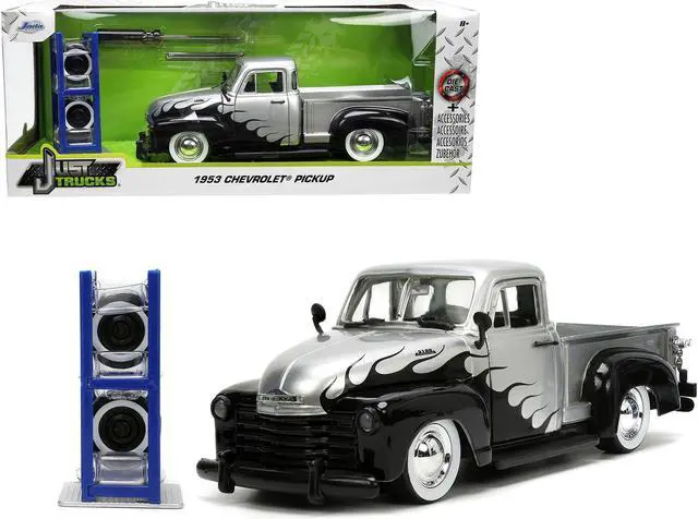 Alt view image 7 of 12 - 1953 Chevrolet 3100 Pickup Truck Silver Metallic with Black Flames with Extra Wheels "Just Trucks" Series 1/24 Diecast Model Car by Jada