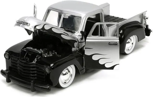 Alt view image 8 of 12 - 1953 Chevrolet 3100 Pickup Truck Silver Metallic with Black Flames with Extra Wheels "Just Trucks" Series 1/24 Diecast Model Car by Jada