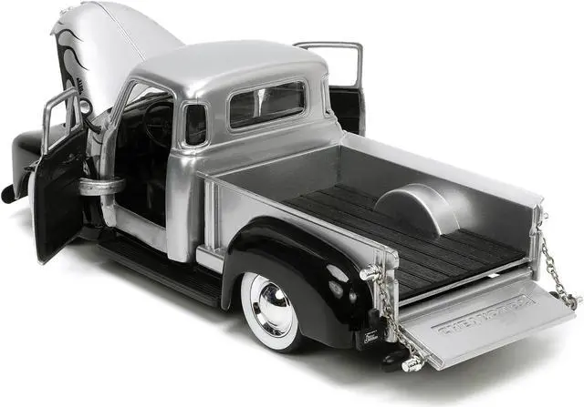 Alt view image 9 of 12 - 1953 Chevrolet 3100 Pickup Truck Silver Metallic with Black Flames with Extra Wheels "Just Trucks" Series 1/24 Diecast Model Car by Jada