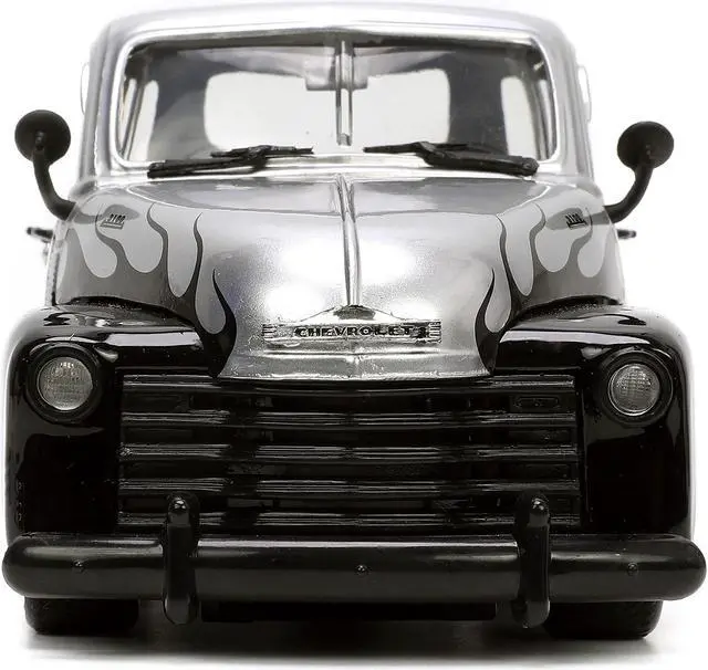 Alt view image 11 of 12 - 1953 Chevrolet 3100 Pickup Truck Silver Metallic with Black Flames with Extra Wheels "Just Trucks" Series 1/24 Diecast Model Car by Jada