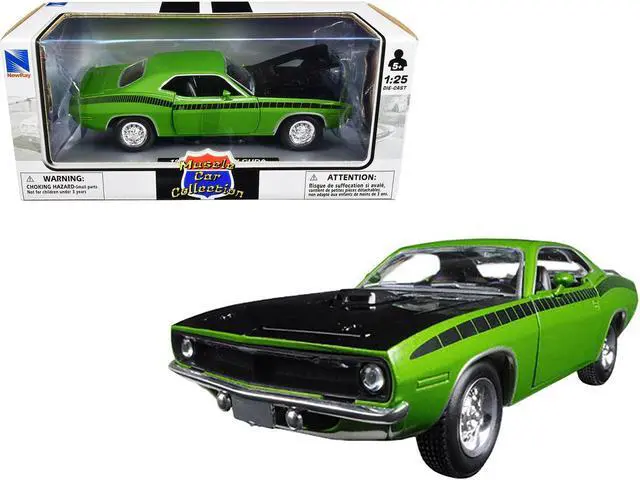 Main image of 1970 Plymouth Barracuda Green with Black Hood and Stripes "Muscle Car Collection" 1/25 Diecast Model Car by New Ray