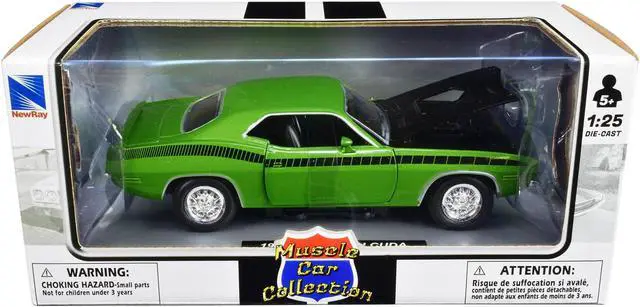 Alt view image 3 of 3 - 1970 Plymouth Barracuda Green with Black Hood and Stripes "Muscle Car Collection" 1/25 Diecast Model Car by New Ray