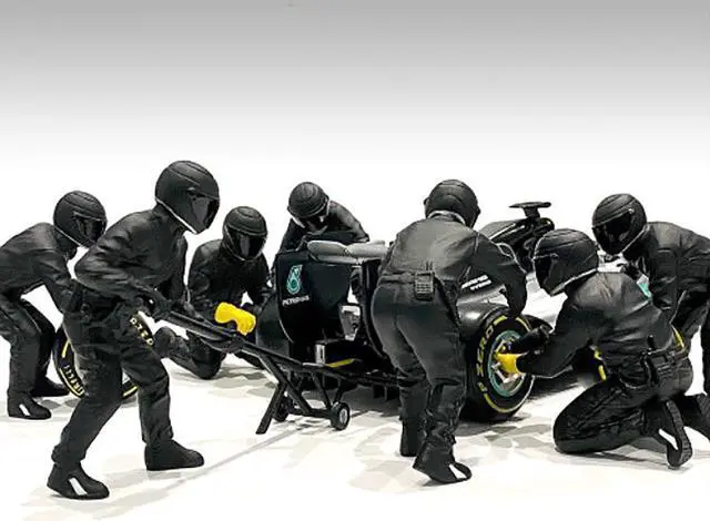 Alt view image 4 of 6 - Formula One F1 Pit Crew 7 Figurine Set Team Black Release II for 1/43 Scale Models by American Diorama