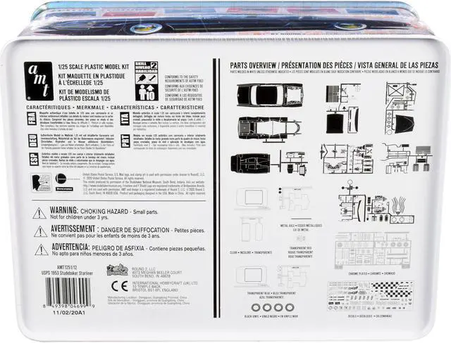 Alt view image 6 of 6 - Skill 2 Model Kit 1953 Studebaker Starliner with "USPS" (United States Postal Service) Themed Collectible Tin Box 3-In-1 Kit 1/25 Scale Model by AMT