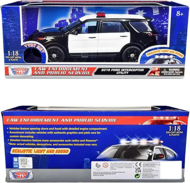 Alt view image 7 of 7 - 2015 Ford Police Interceptor Utility Black & White Flashing Light Bar, Front & Rear Lights & 2 Sounds 1/18 Diecast Car Motormax