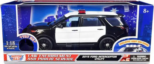 Main image of 2015 Ford Police Interceptor Utility Black & White Flashing Light Bar, Front & Rear Lights & 2 Sounds 1/18 Diecast Car Motormax