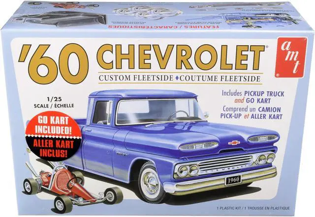 Alt view image 6 of 9 - Skill 2 Model Kit 1960 Chevrolet Custom Fleetside Pickup Truck with Go Kart 1/25 Scale Model by AMT