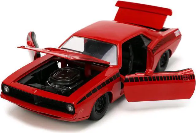 Alt view image 8 of 16 - 1973 Plymouth Barracuda Red with Black Stripes "Bigtime Muscle" Series 1/24 Diecast Model Car by Jada