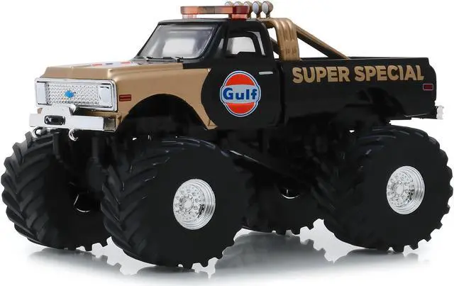 Alt view image 5 of 6 - Greenlight 88013 66 in. 1971 Chevrolet K-10 Monster Truck Gulf Super Special with Tires Kings of Crunch 1 by 43 Diecast Model Car, Black & Gold