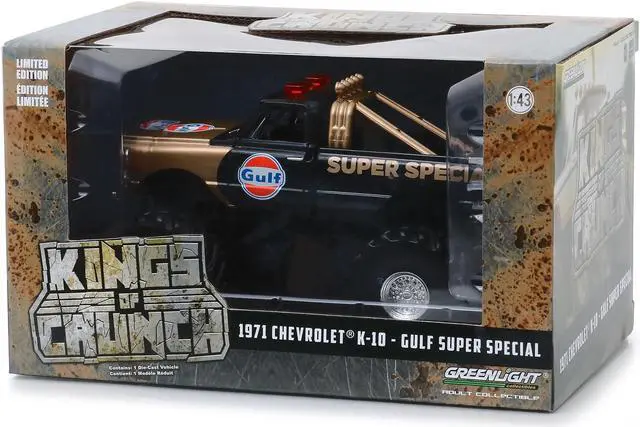 Alt view image 6 of 6 - Greenlight 88013 66 in. 1971 Chevrolet K-10 Monster Truck Gulf Super Special with Tires Kings of Crunch 1 by 43 Diecast Model Car, Black & Gold