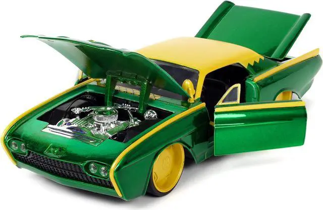 Alt view image 8 of 16 - 1963 Ford Thunderbird Green and Yellow Metallic with Hood Graphics and Loki Diecast Figure "Loki" "Marvel" Series 1/24 Diecast Model Car by Jada