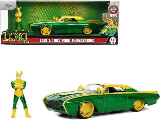Alt view image 7 of 16 - 1963 Ford Thunderbird Green and Yellow Metallic with Hood Graphics and Loki Diecast Figure "Loki" "Marvel" Series 1/24 Diecast Model Car by Jada