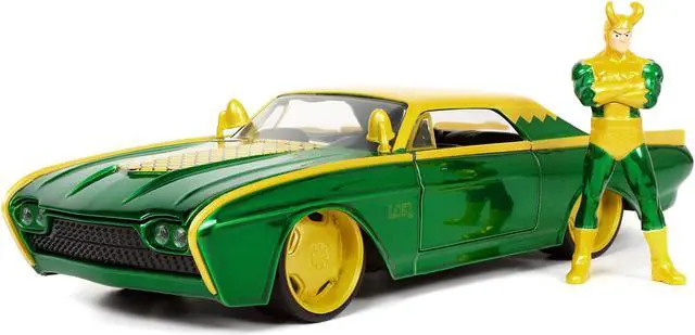 Alt view image 12 of 16 - 1963 Ford Thunderbird Green and Yellow Metallic with Hood Graphics and Loki Diecast Figure "Loki" "Marvel" Series 1/24 Diecast Model Car by Jada