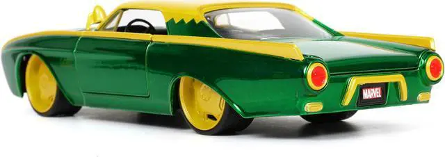 Alt view image 11 of 16 - 1963 Ford Thunderbird Green and Yellow Metallic with Hood Graphics and Loki Diecast Figure "Loki" "Marvel" Series 1/24 Diecast Model Car by Jada