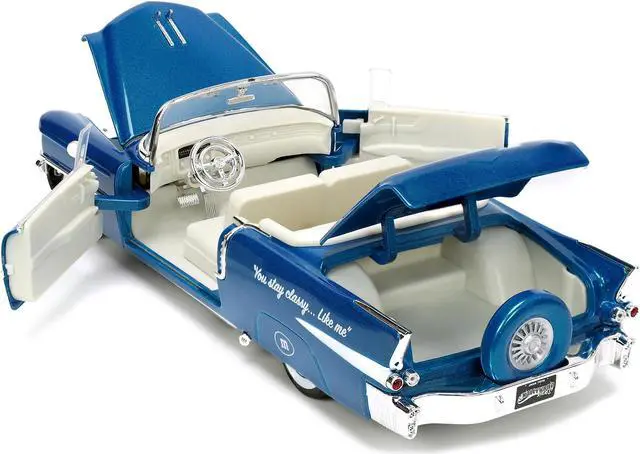 Alt view image 10 of 16 - 1956 Cadillac Eldorado Convertible Blue Metallic with Cream Interior "Stay Classy" and Blue M&M Diecast Figure "M&M's" "Hollywood Rides" Series 1/24 Diecast Model Car by Jada