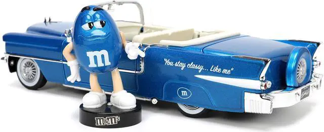 Alt view image 12 of 16 - 1956 Cadillac Eldorado Convertible Blue Metallic with Cream Interior "Stay Classy" and Blue M&M Diecast Figure "M&M's" "Hollywood Rides" Series 1/24 Diecast Model Car by Jada