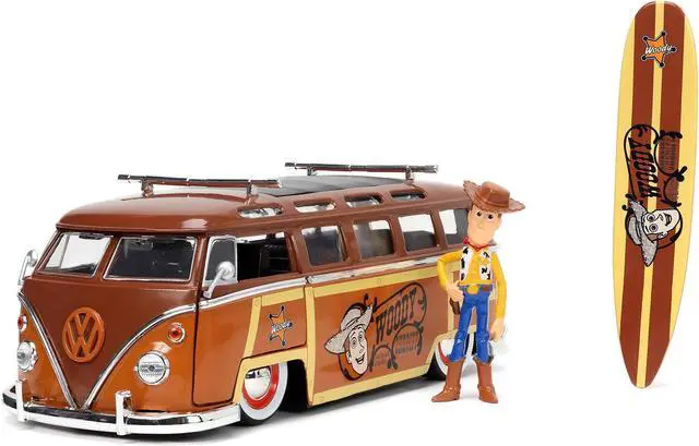 Alt view image 12 of 16 - Volkswagen T1 Bus Brown with Graphics "Sheriff Woody" and Woody Diecast Figure and Surfboard "Toy Story" (1995) Movie "Hollywood Rides" Series 1/24 Diecast Model Car by Jada