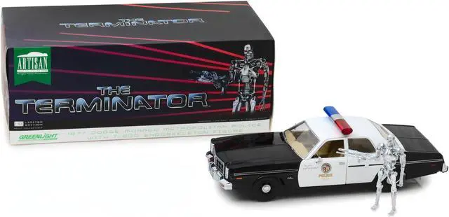 Alt view image 7 of 7 - 1977 Dodge Monaco Metropolitan Police with T-800 Endoskeleton Figure \The Terminator\" (1984) Movie 1/18 Diecast Model Car by Greenlight"