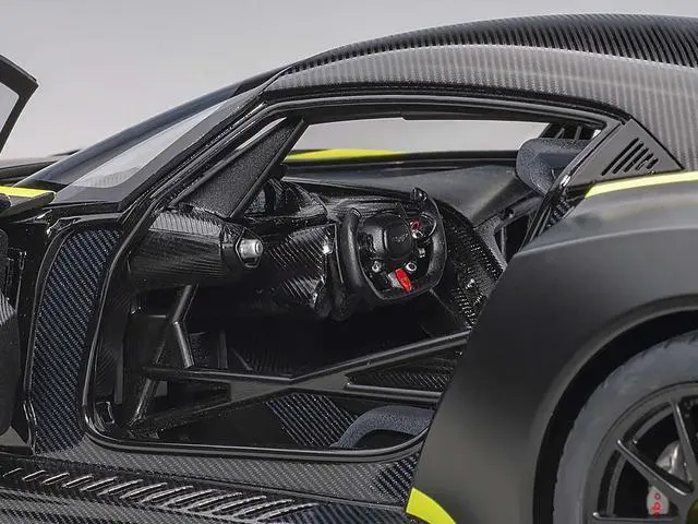 Alt view image 6 of 8 - Aston Martin Vulcan Matt Black with Lime Green Stripes 1/18 Model Car by Autoart