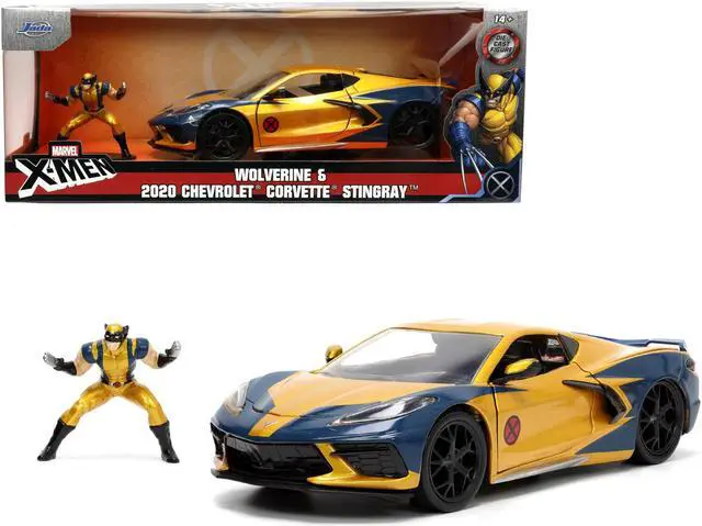 Alt view image 3 of 8 - 2020 Chevrolet Corvette C8 Stingray Gold Metallic and Dark Blue and Wolverine Diecast Figurine "X-Men" "Marvel" Series "Hollywood Rides" 1/24 Diecast Model Car by Jada