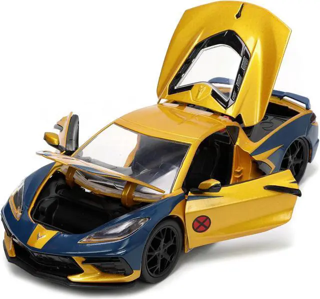 Alt view image 4 of 8 - 2020 Chevrolet Corvette C8 Stingray Gold Metallic and Dark Blue and Wolverine Diecast Figurine "X-Men" "Marvel" Series "Hollywood Rides" 1/24 Diecast Model Car by Jada