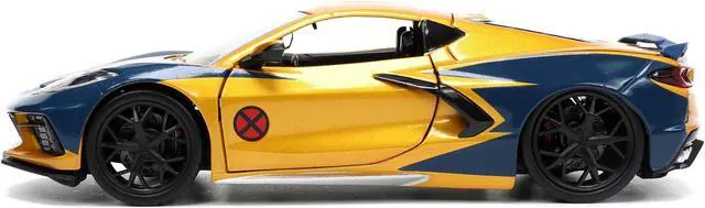 Alt view image 5 of 8 - 2020 Chevrolet Corvette C8 Stingray Gold Metallic and Dark Blue and Wolverine Diecast Figurine "X-Men" "Marvel" Series "Hollywood Rides" 1/24 Diecast Model Car by Jada