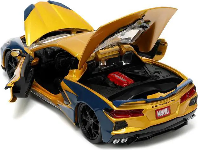 Alt view image 6 of 8 - 2020 Chevrolet Corvette C8 Stingray Gold Metallic and Dark Blue and Wolverine Diecast Figurine "X-Men" "Marvel" Series "Hollywood Rides" 1/24 Diecast Model Car by Jada