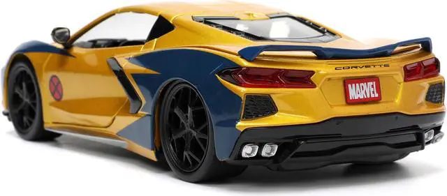 Alt view image 7 of 8 - 2020 Chevrolet Corvette C8 Stingray Gold Metallic and Dark Blue and Wolverine Diecast Figurine "X-Men" "Marvel" Series "Hollywood Rides" 1/24 Diecast Model Car by Jada