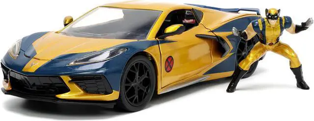 Alt view image 8 of 8 - 2020 Chevrolet Corvette C8 Stingray Gold Metallic and Dark Blue and Wolverine Diecast Figurine "X-Men" "Marvel" Series "Hollywood Rides" 1/24 Diecast Model Car by Jada