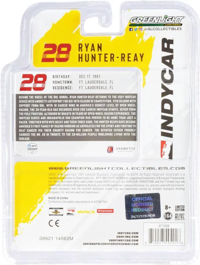 Alt view image 4 of 5 - Dallara IndyCar #28 Ryan Hunter-Reay "DHL" Andretti Autosport "NTT IndyCar Series" (2021) 1/64 Diecast Model Car by Greenlight
