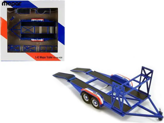 Alt view image 3 of 6 - Tandem Car Trailer with Tire Rack Blue "Mopar" for 1/43 Scale Model Cars by GMP
