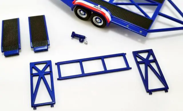 Alt view image 5 of 6 - Tandem Car Trailer with Tire Rack Blue "Mopar" for 1/43 Scale Model Cars by GMP