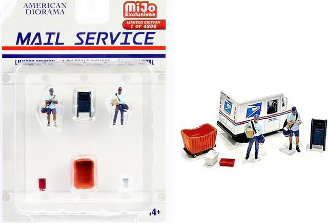 Alt view image 3 of 6 - "Mail Service" 6 piece Diecast Set (2 Male Mail Carrier Figurines and 4 Accessories) Limited Edition to 4800 pieces Worldwide for 1/64 Scale Models by American Diorama